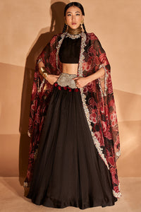 Black Embroidered Belted Lehenga and Gulbahar Cape Set