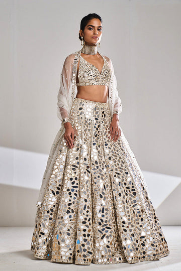 Cream Gold Mirror Work Lehenga Set