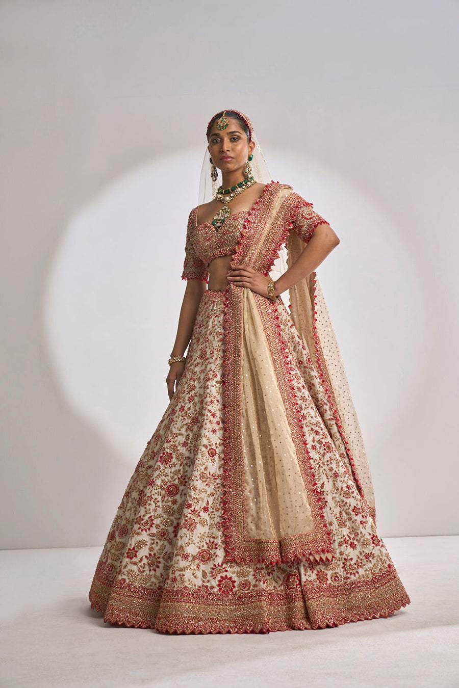 Cream Red Zardozi Lehenga Set