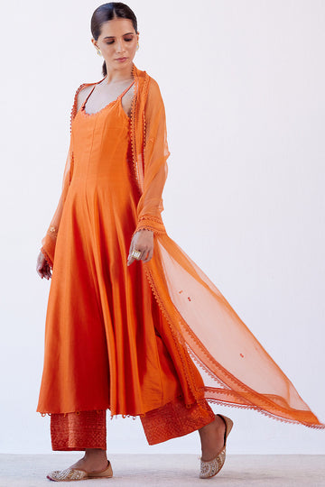 Orange Sleeveless Chanderi Anarkali set