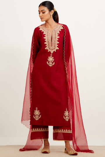 Maroon Dori Embroidered Kurta Set