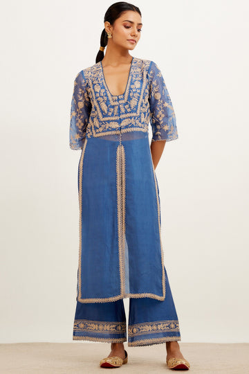 Blue Slit Chanderi Kurta Set