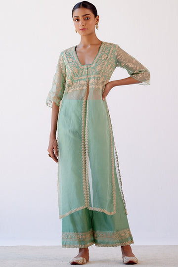 Sage Green Slit Chanderi Kurta Set