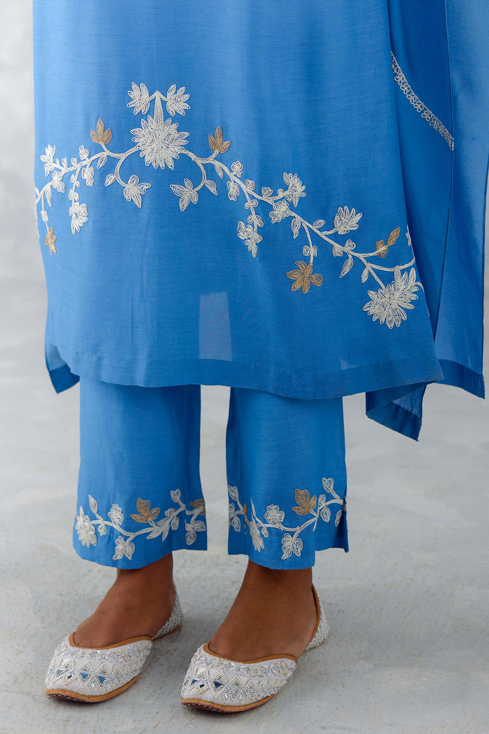 Blue Embroidered Muslin Kaftan Set