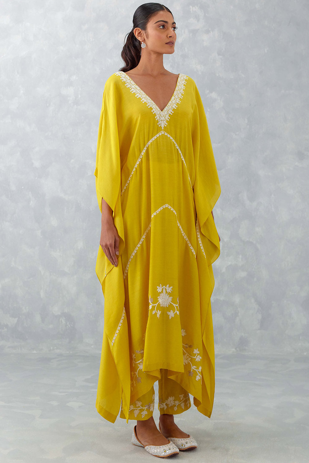 Yellow Embroidered Muslin Kaftan Set