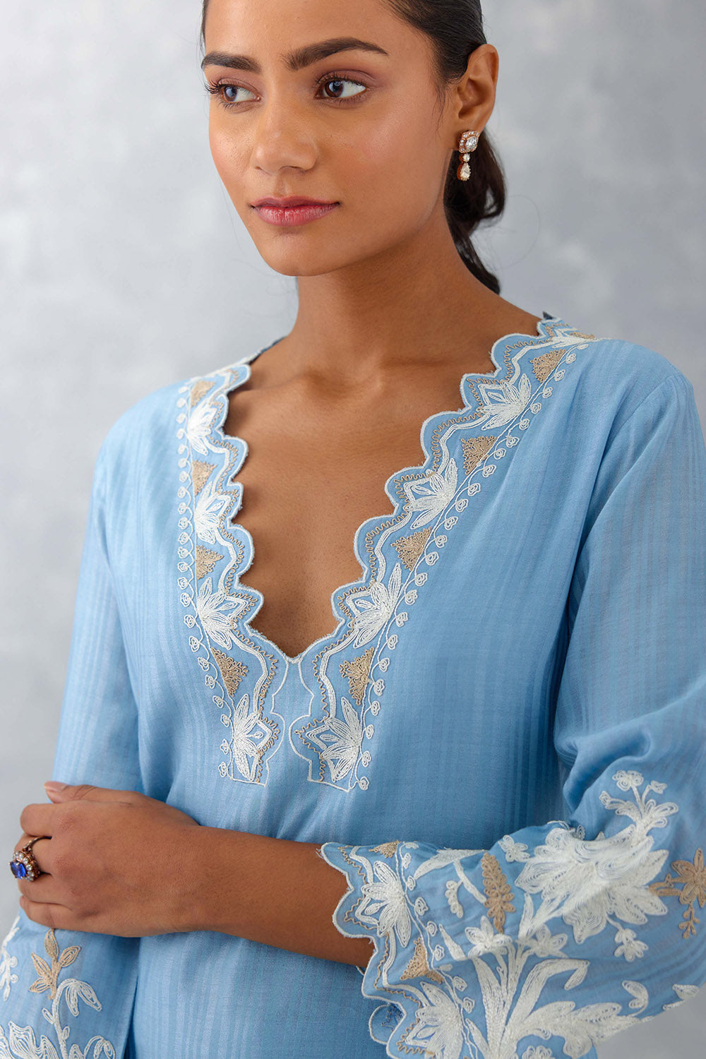 Blue Embroidered Woven Chanderi Kurta Set