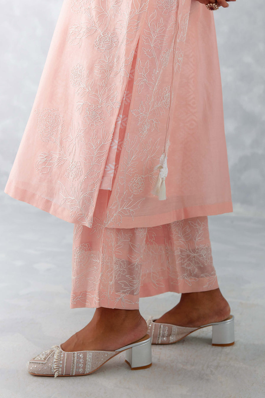 Pink Embroidered Ikat Print Chanderi Kurta Set