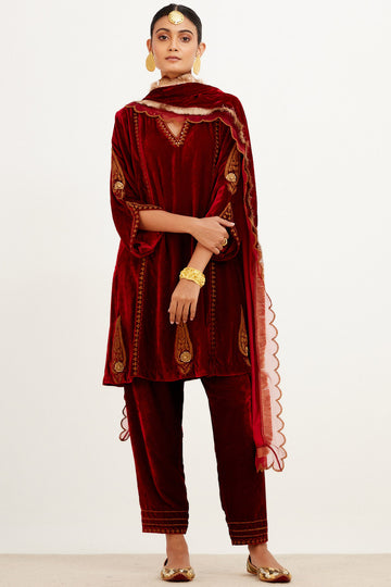 Maroon Embroidered Velvet Short Kurta Salwar Set