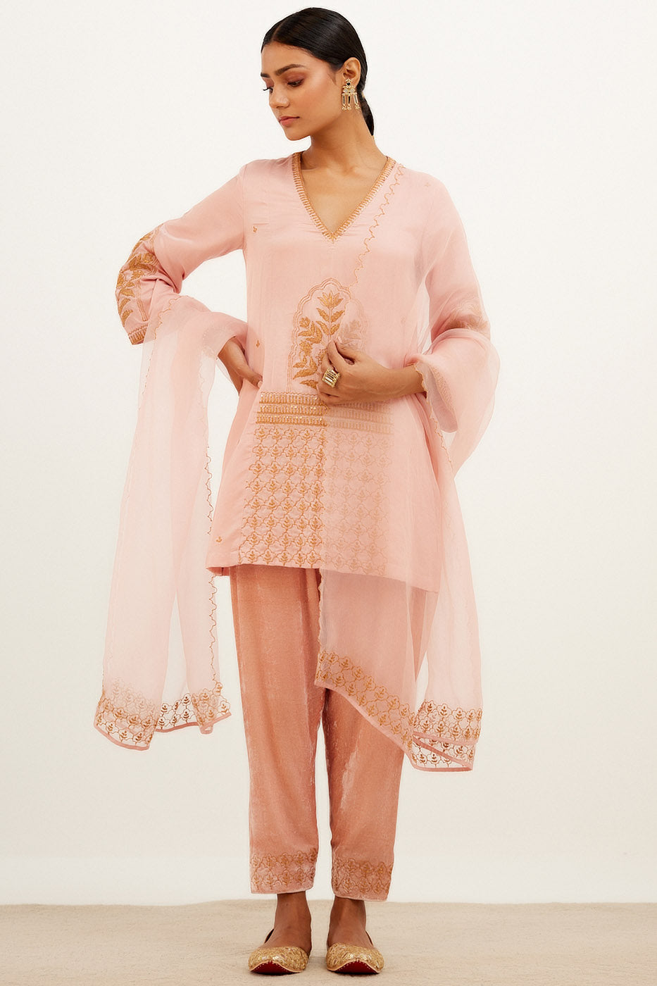Blush Pink Embroidered Cotton Silk Satin Kurta Set