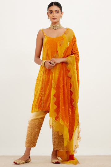 Saffron Zari Embroidered Velvet Salwar Set