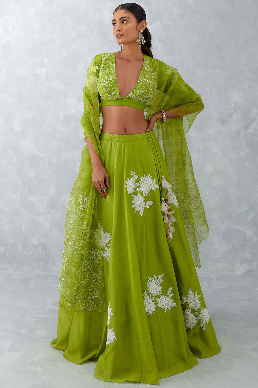 Green Floral Embroidered Silk Lehenga Set