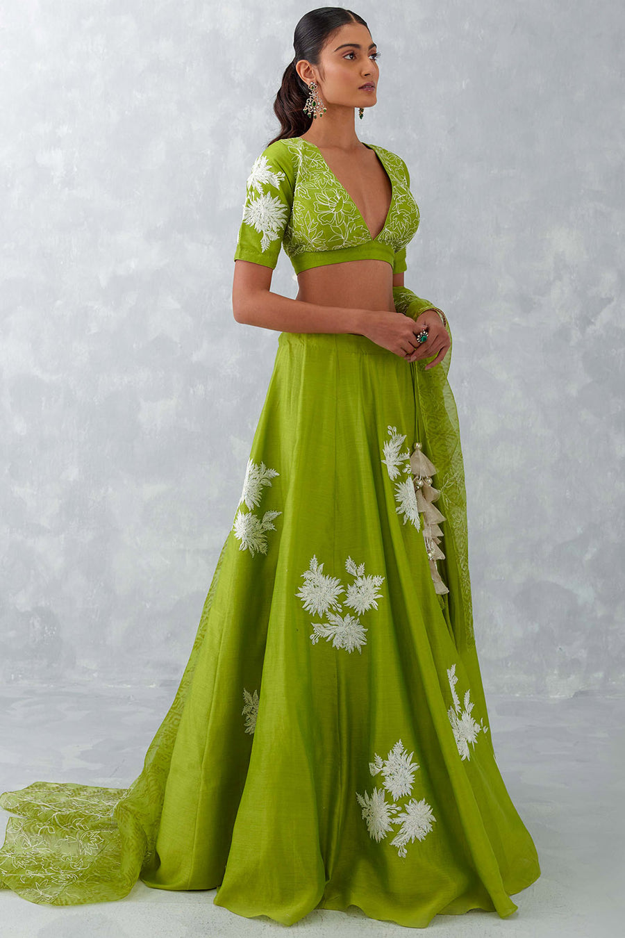 Green Floral Embroidered Silk Lehenga Set