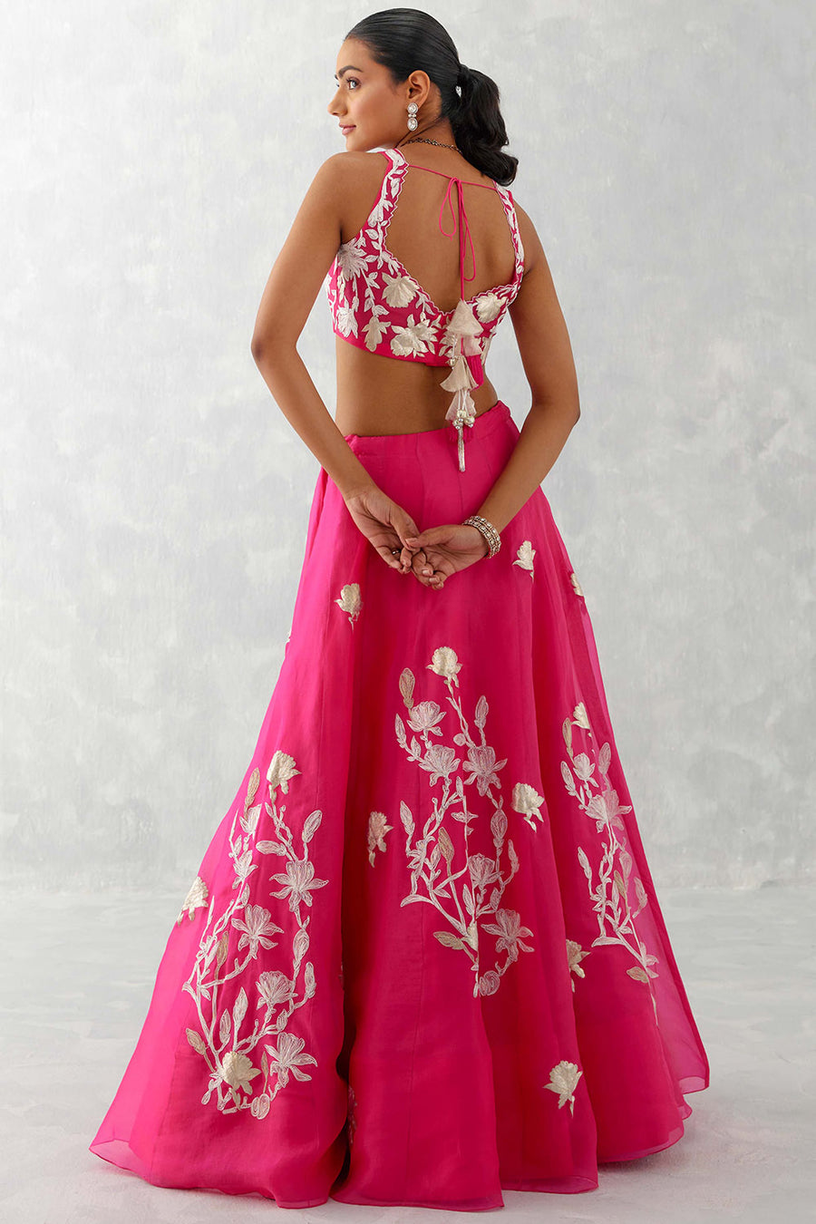 Fuchsia Pink Embroidered Silk Organza Lehenga
