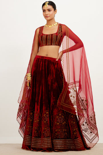 Maroon Zari Embroidered Velvet Lehenga Set