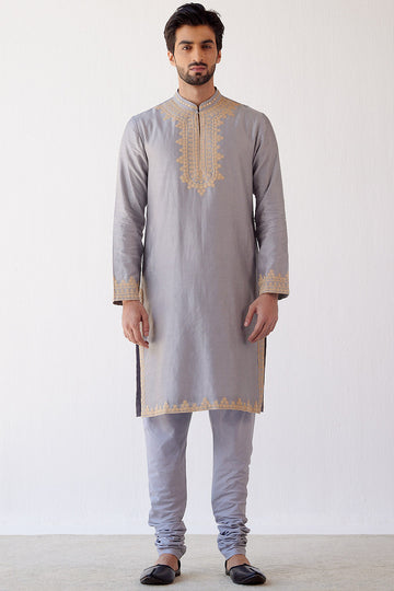 Grey Embroidered Chanderi Kurta Set