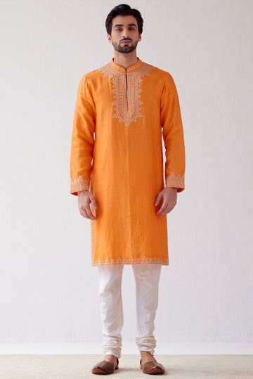 Orange Embroidered Chanderi Kurta Set