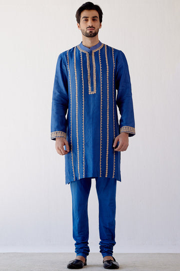 Blue Embroidered Chanderi Kurta Set