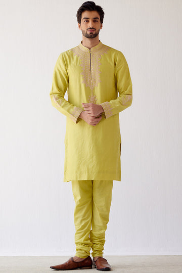 Lime Green Embroidered Chanderi Kurta Set