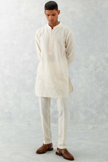 Ivory Floral Embroidered Chanderi Short Kurta Set