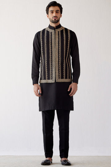 Black Cotton Silk Kurta with Bundi Set