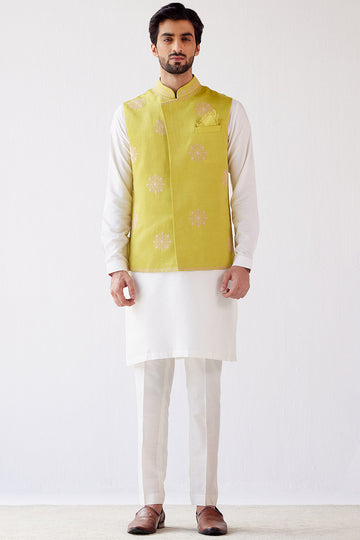 Ivory/Lime Green Cotton Silk Kurta with Bundi Set