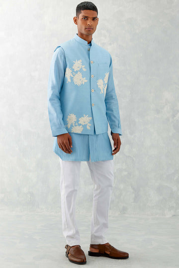 Sky Blue Kurta With Embroidered Bundi Set