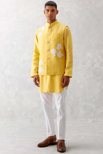 Mango Yellow Kurta with Embroidered Bundi Set