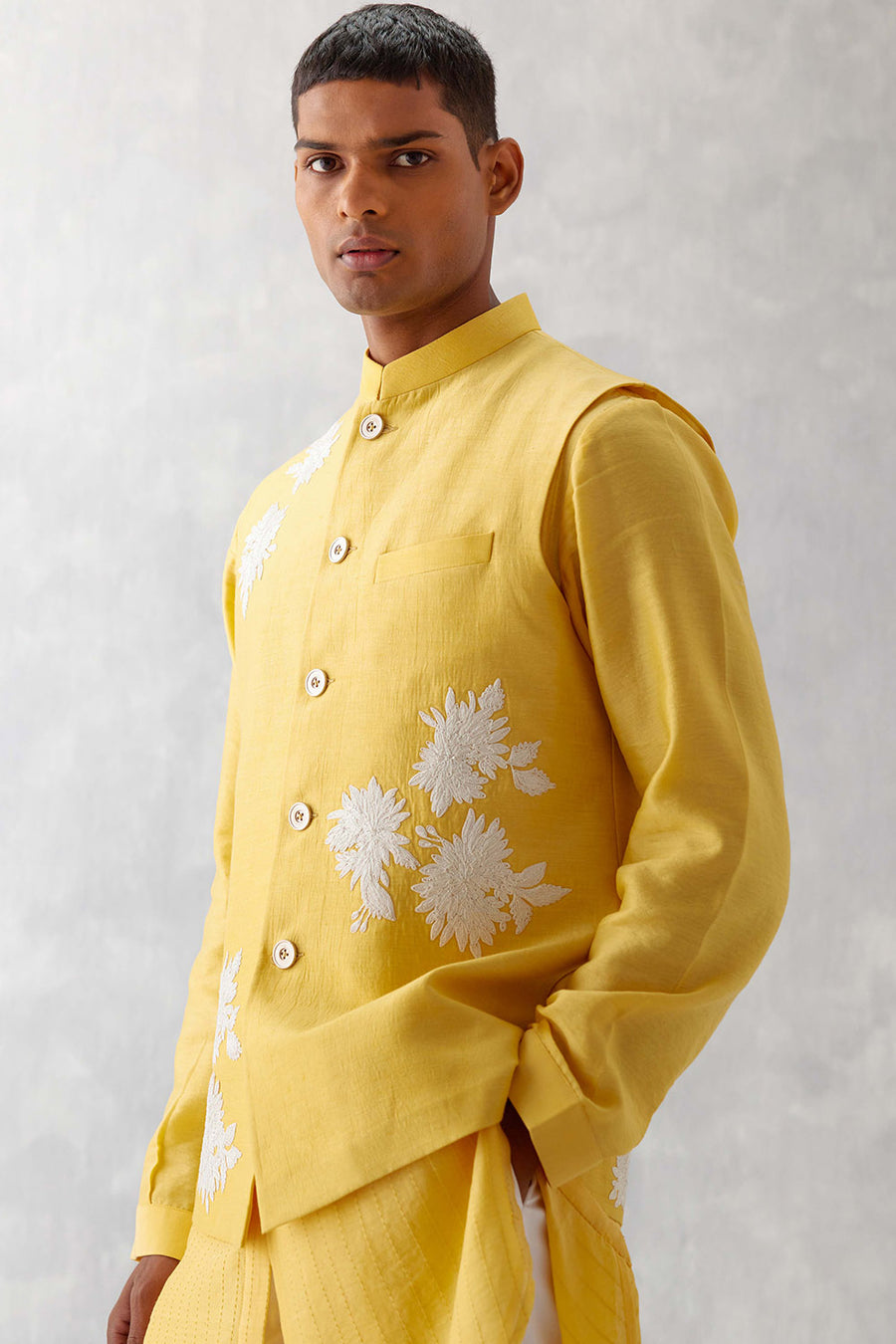 Mango Yellow Kurta with Embroidered Bundi Set