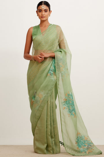 Sage Green Hand-Painted Organza Saree