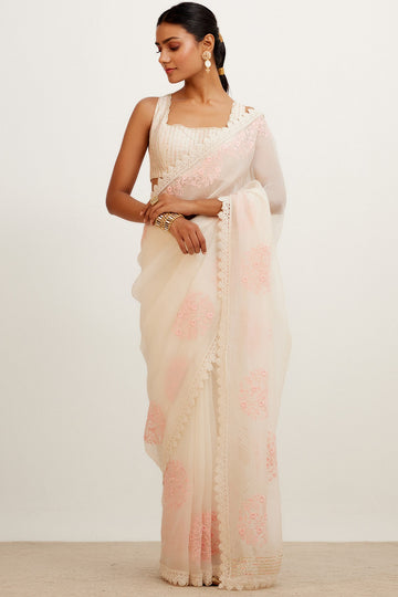 Ivory Pink Silk Organza Saree