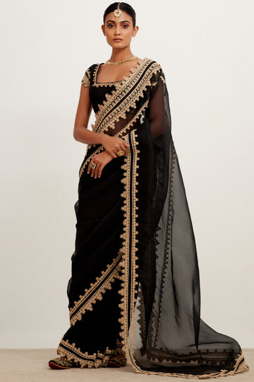 Black Embroidered Georgette Organza Saree