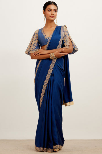 Blue Embroidered Satin Saree