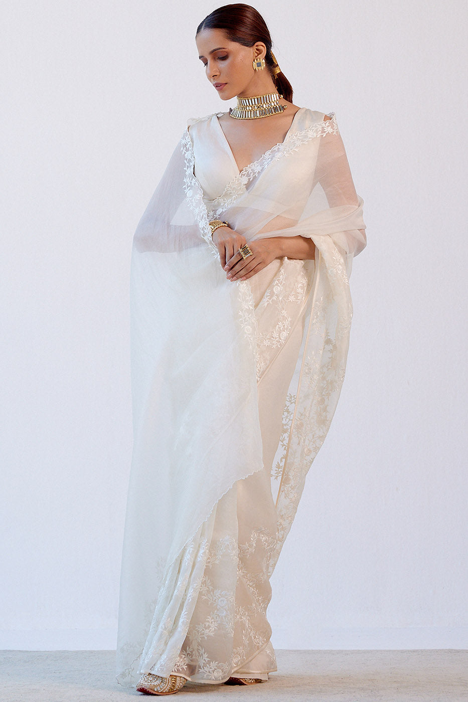 Ivory Embroidered Organza Saree