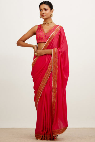 Fuchsia Pink Zari Embroidered Satin Saree