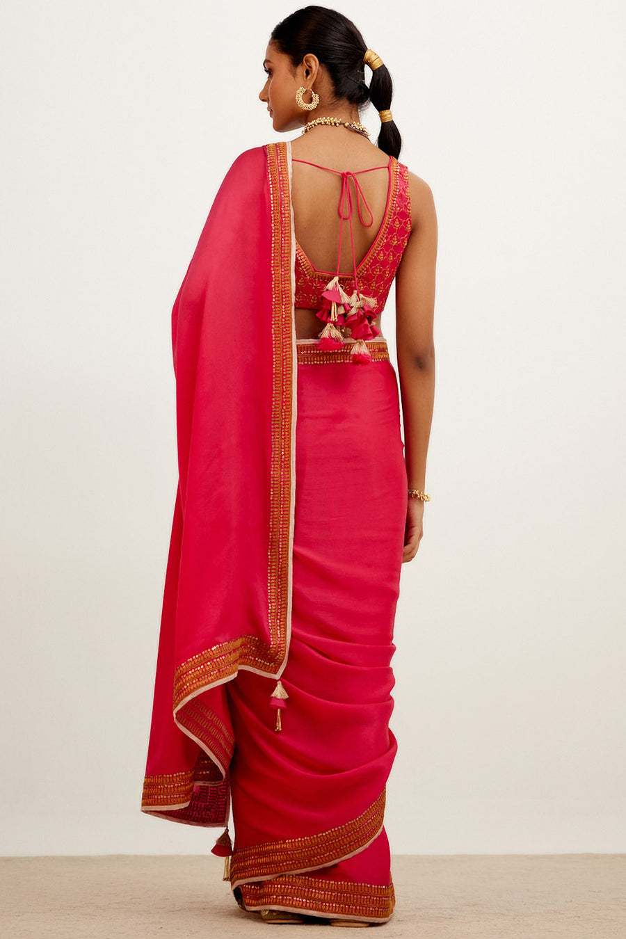 Fuchsia Pink Zari Embroidered Satin Saree