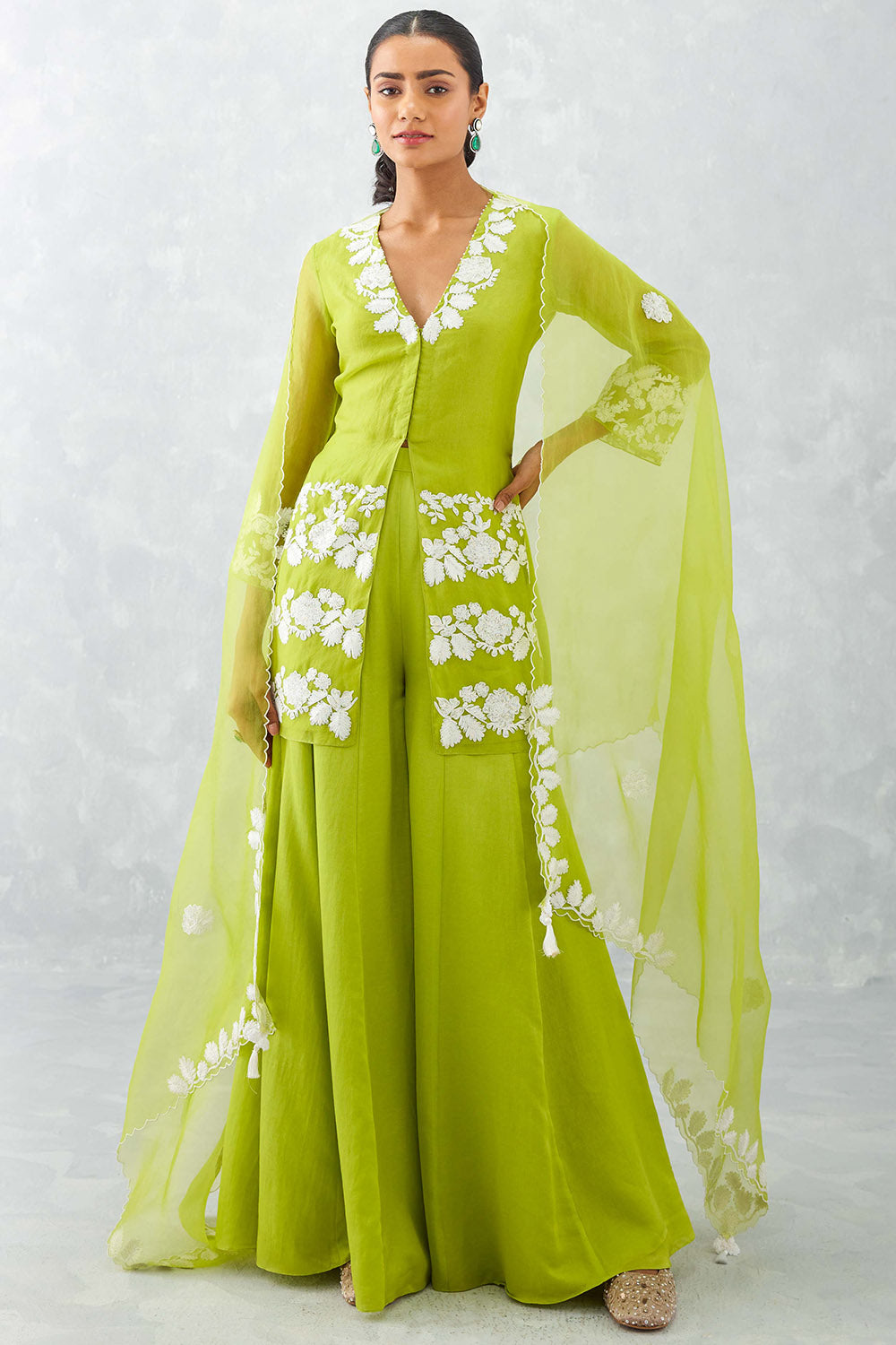 Green Embroidered Front Slit Sharara Set