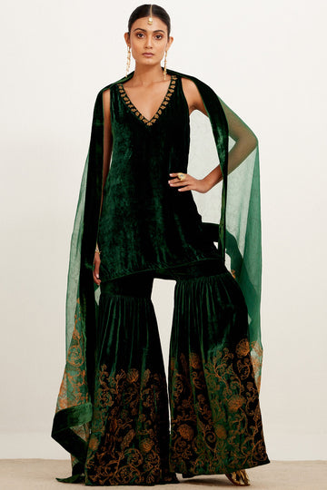 Bottle Green Embroidered Velvet Sharara Set