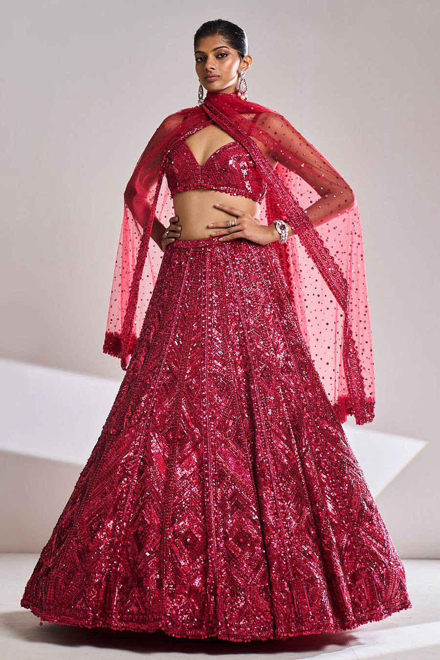 Fuschia Red Sequin Lehenga Set