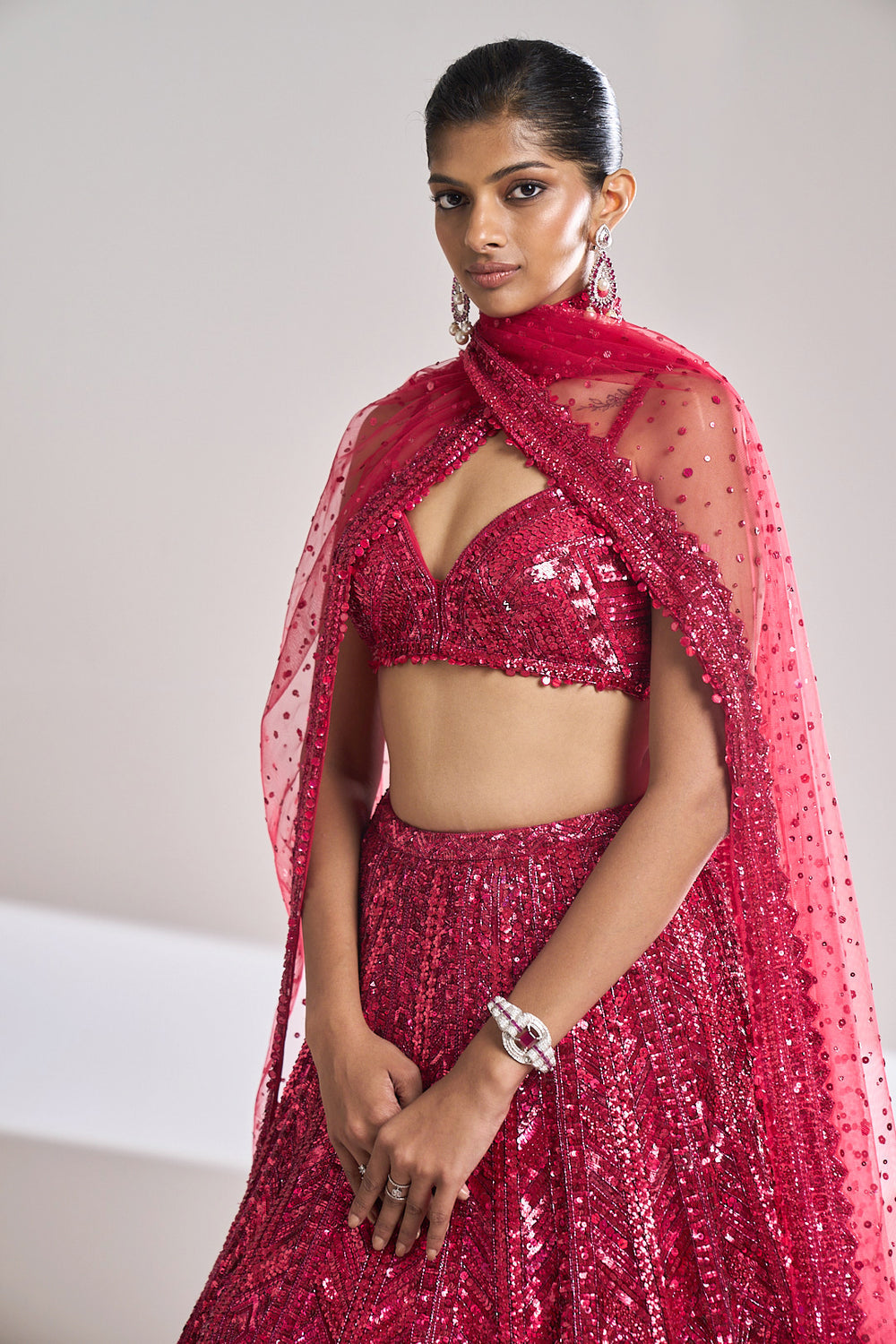 Fuschia Red Sequin Lehenga Set