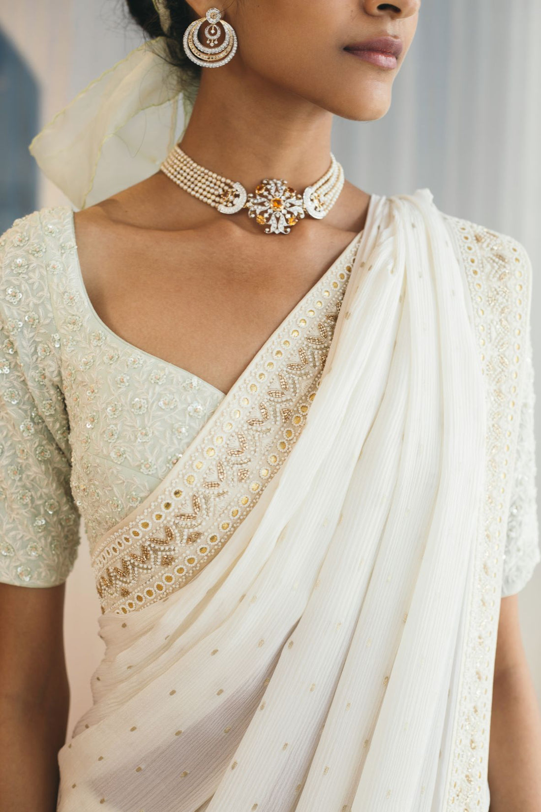 Ivory Crepe Saree with Meadow Mist Blouse