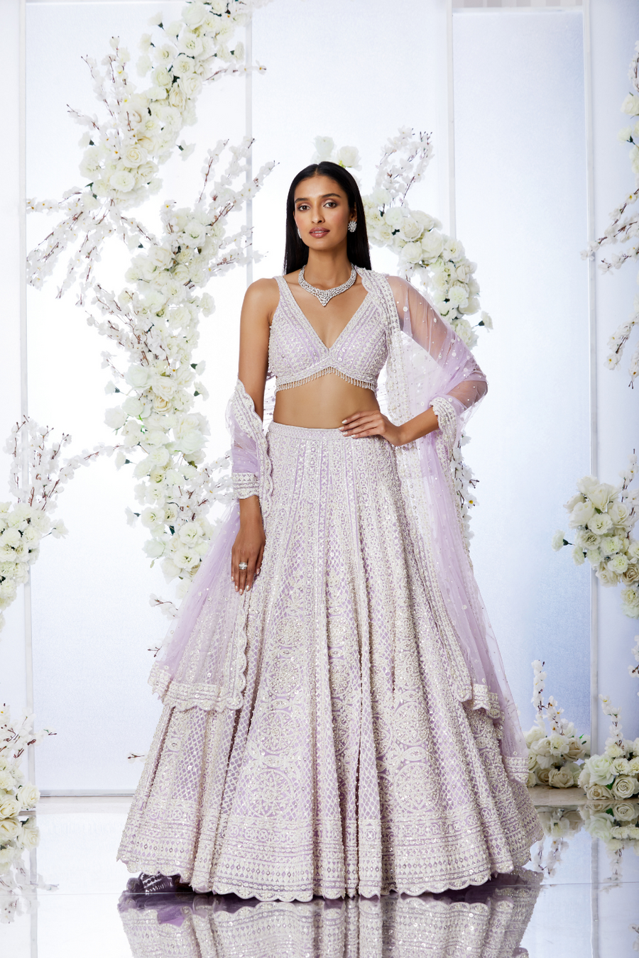 Buy Cream And Lavender Shaded Sequins Lehenga With Hand