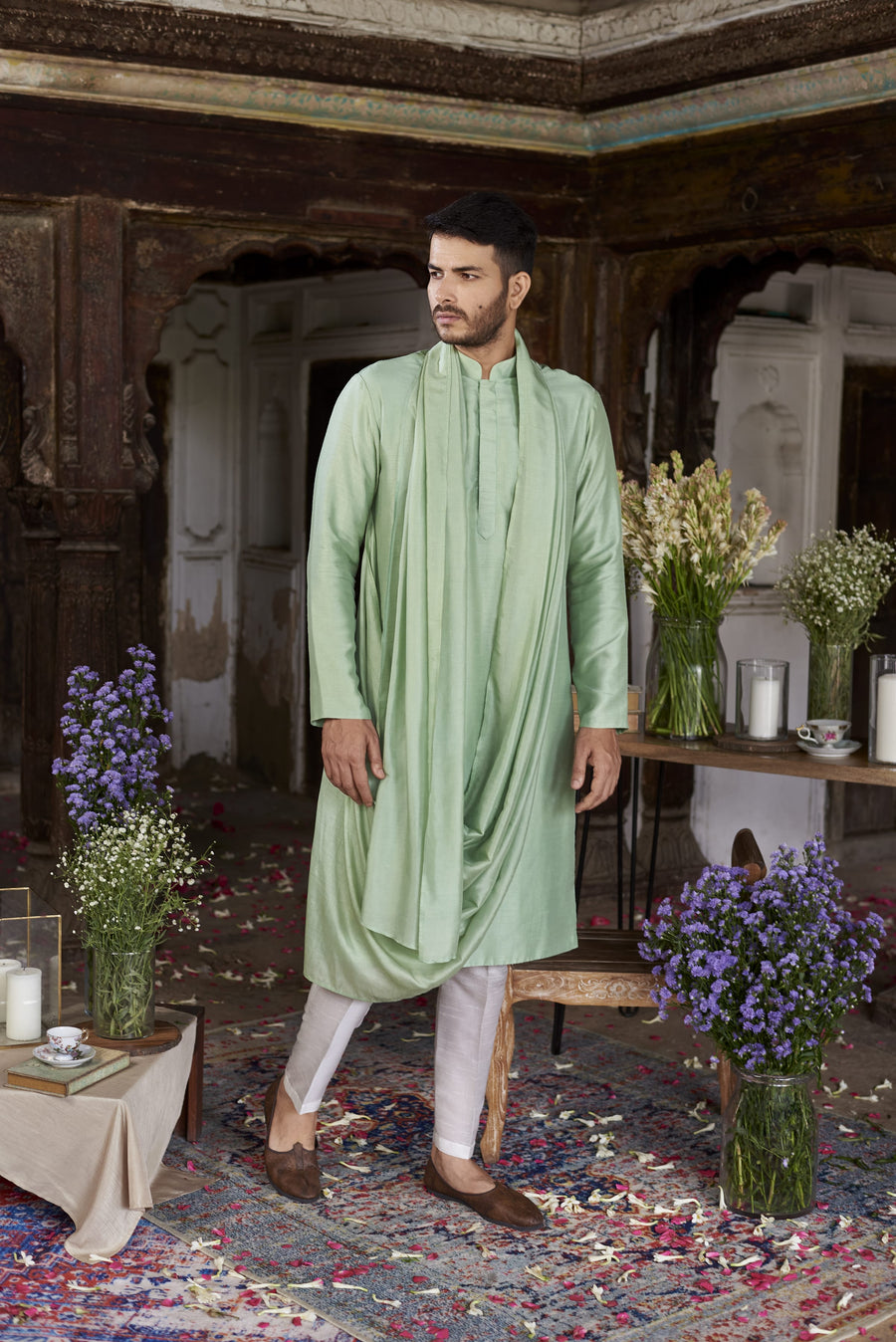 Green cowl drape kurta set