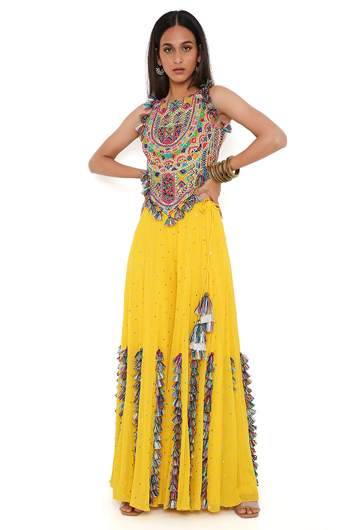 Yellow Georgette Embroidered Choli With Sharara