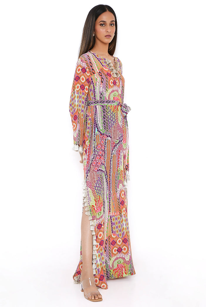 Multicolour African Print Crepe Long Straight Kaftan