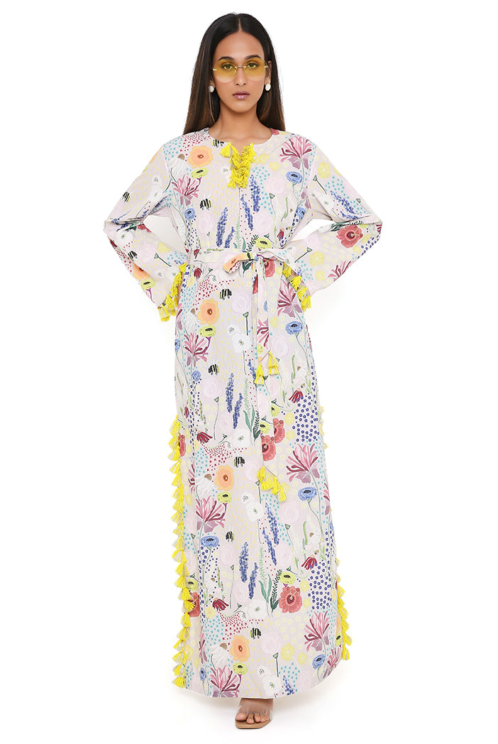 Stone Bee Garden Print Art Crepe Long Beyza Kaftan