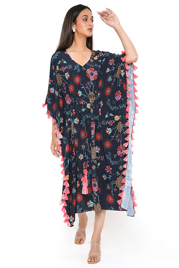 Navy Spring Print Art Crepe Kaftan