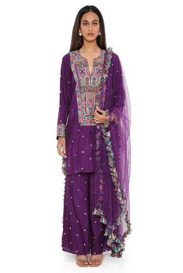 Purple Mukaish Silk Embroidered Kurta And Palazzo Set