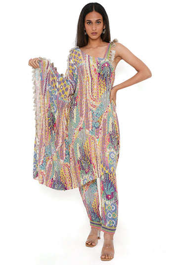 Lime African Print Crepe Embroidered Kaftan