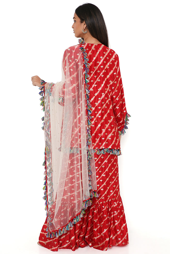 Red Silk Bandhani Leheriya Kurta And Sharara Set