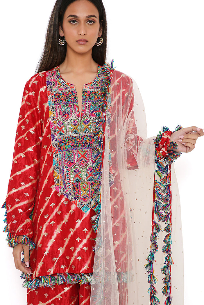 Red Silk Bandhani Leheriya Kurta And Sharara Set